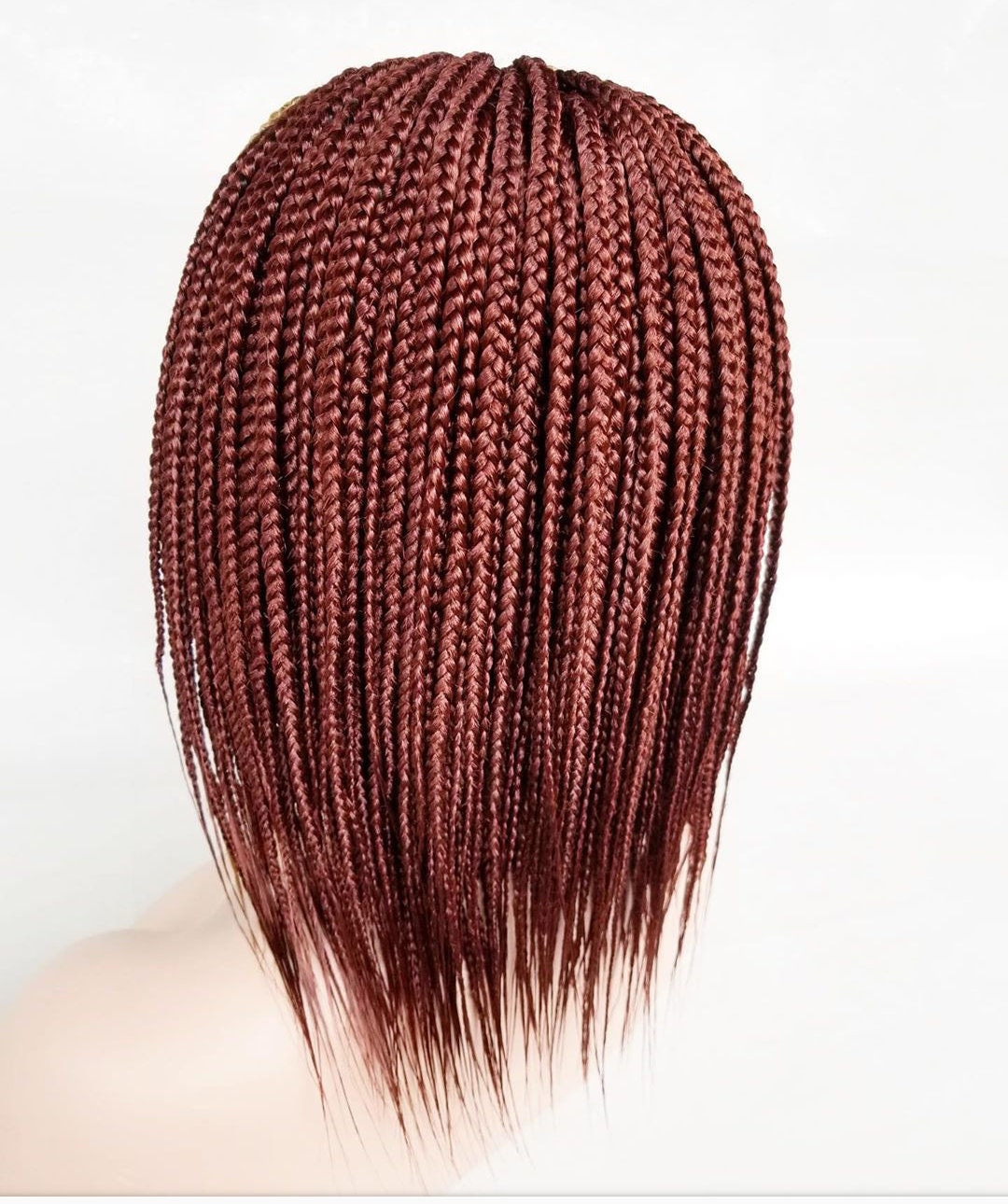 Back View short burgundy box braid wig with gold highlights on mannequin head braided wig