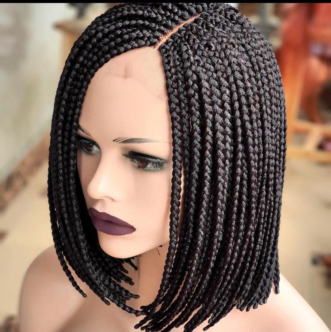 Side view short bob box braid wig on mannequin head neat lightweight braided wig