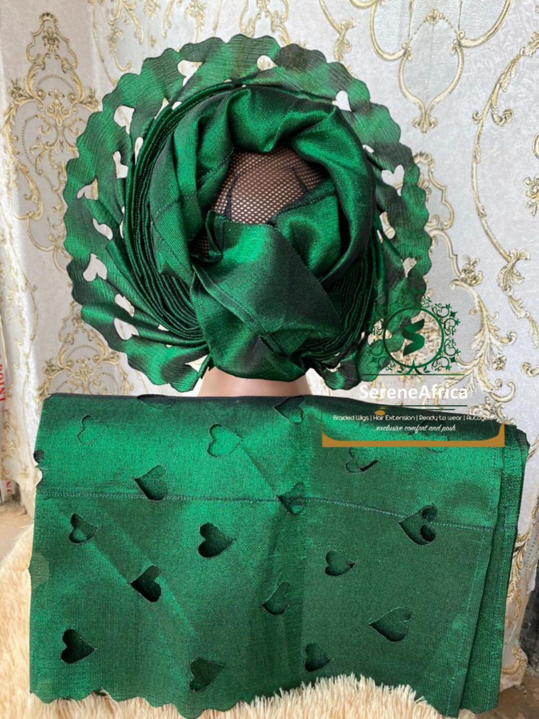 Green Asooke Auto Gele – Ready-to-Wear African Bridal Headwrap (Bulk Available)