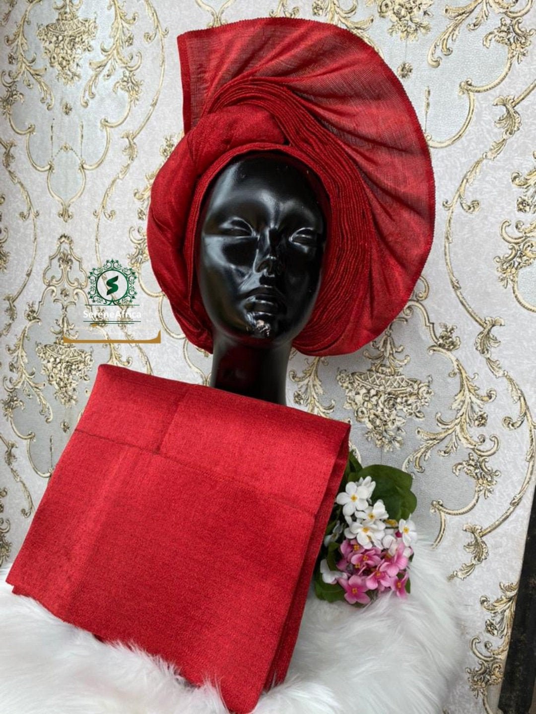 Red Asooke Auto Gele – Ready-to-Wear Nigerian Bridal Headwrap (Bulk Available)