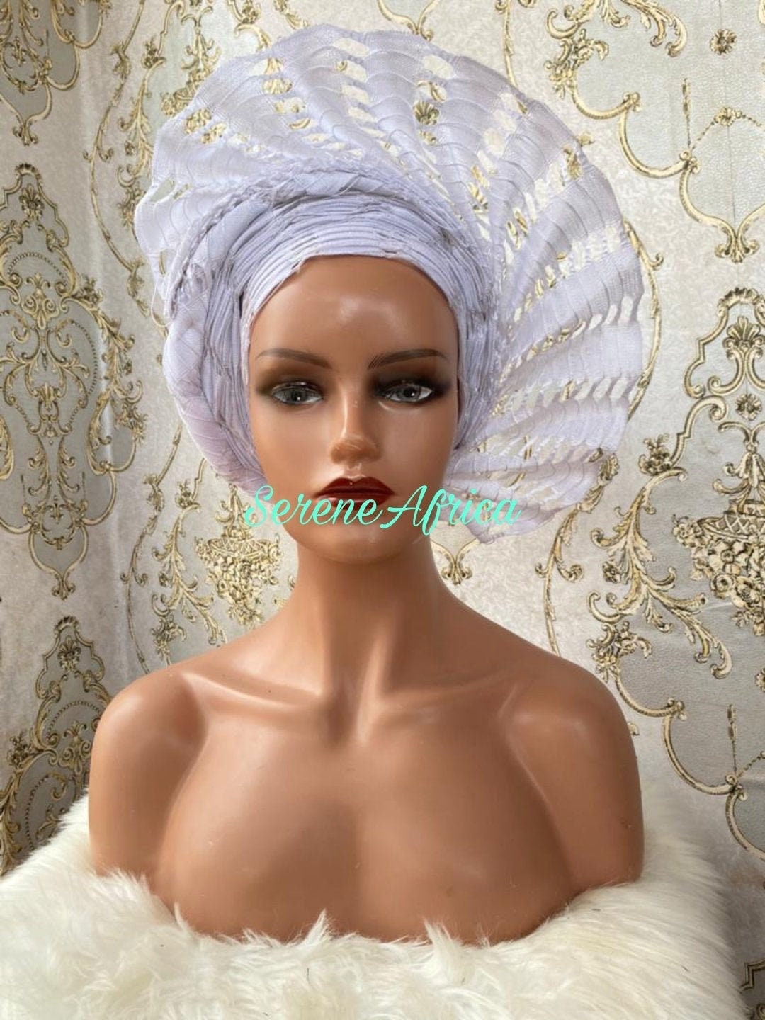 White Autogele Aso-Oke, Pre-Tied Headwrap, African HeadWrap Headtie, African Turban, African Headband