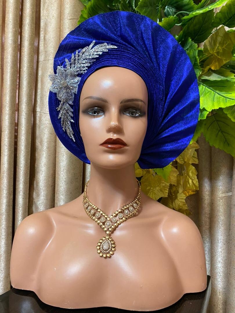 Autogele Aso-Oke, Pre-Tied African Nigerian Gele Headpiece Head Wrap Headgear For Black Woman