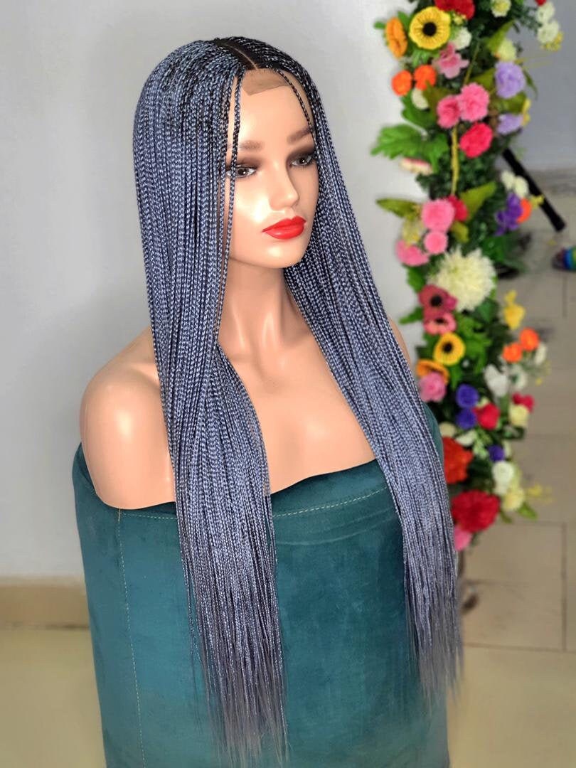 Braided Wig, Gray Long knotless Box Braid Wig, Wigs For Black Women, Small Size Box Braid Wig, Lace Closure Wig
