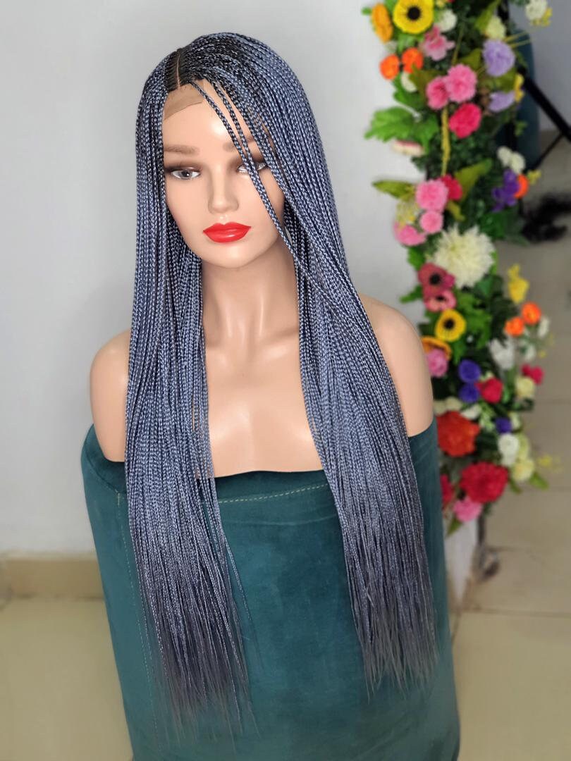 Braided Wig, Gray Long knotless Box Braid Wig, Wigs For Black Women, Small Size Box Braid Wig, Lace Closure Wig