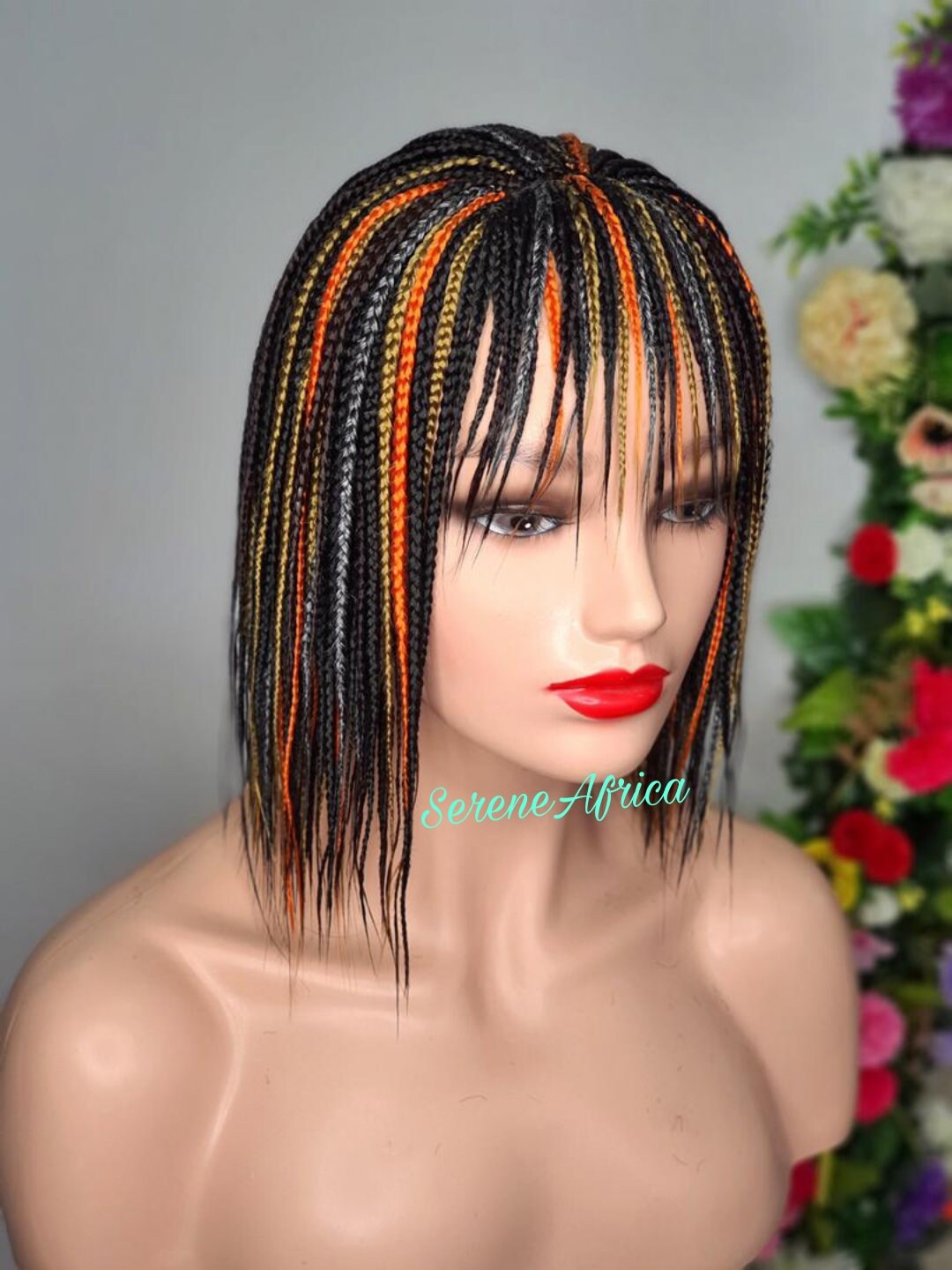 Braid Wig With Bangs, Braided Wig, Lace Closure Orange Gold Brown Gray Black Mix Short Box Braid Wigs, Wigs For Black Women,