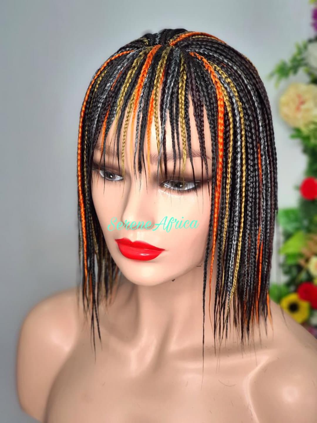 Braid Wig With Bangs, Braided Wig, Lace Closure Orange Gold Brown Gray Black Mix Short Box Braid Wigs, Wigs For Black Women,