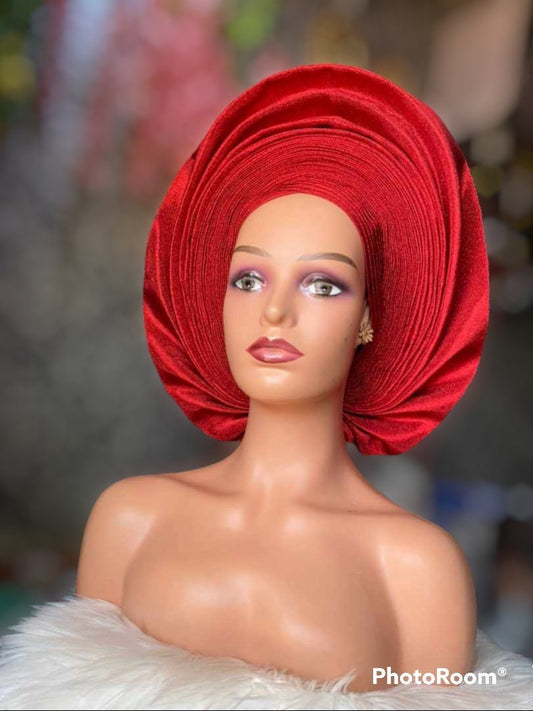 Auto Gele Aso-Oke, Pre-Tied Nigerian Headwrap, Wine and Red Head Wrap Headgear Headtie, African Head Wrap For Women, Ready To Wear Gele