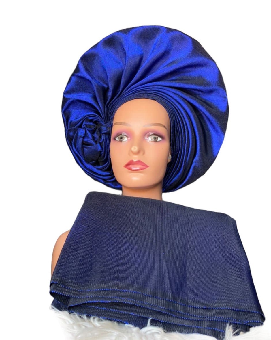 Timeless Royal Blue Asooke Auto Gele – Pre-Tied Ready-to-Wear Bridal Headwrap (Bulk Available)