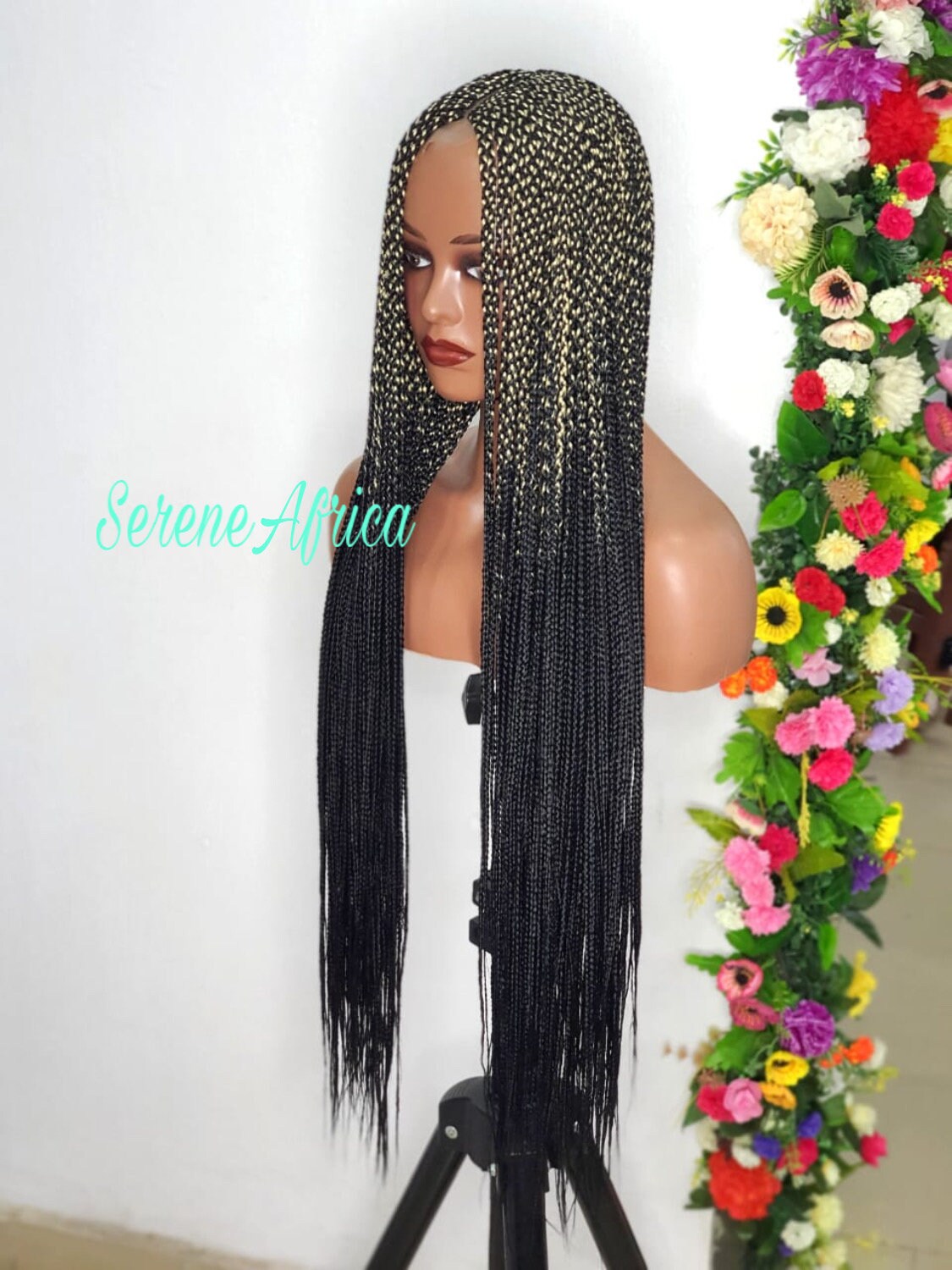 Braided Wig, Closure Long Gold And Black Mix Box Braid Wig, Wigs For Black Women