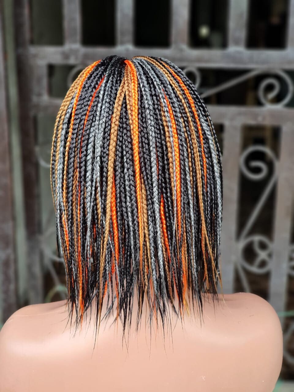 Braid Wig With Bangs, Braided Wig, Lace Closure Orange Gold Brown Gray Black Mix Short Box Braid Wigs, Wigs For Black Women,
