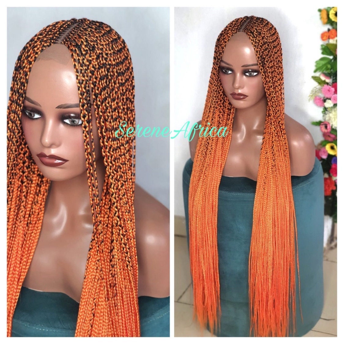 Closer view long orange box braid wig 22 inches on mannequin head bold braided wig
