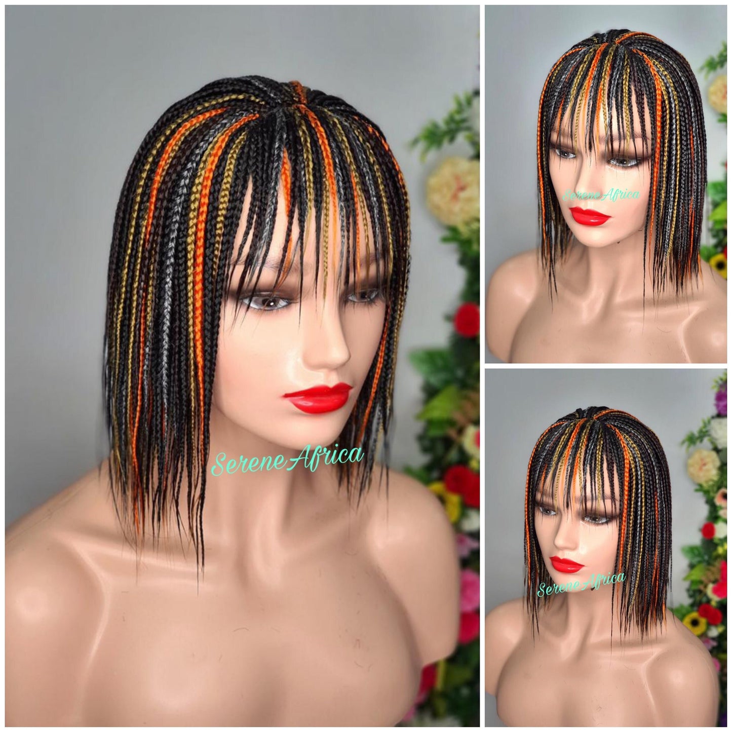 Braid Wig With Bangs, Braided Wig, Lace Closure Orange Gold Brown Gray Black Mix Short Box Braid Wigs, Wigs For Black Women,