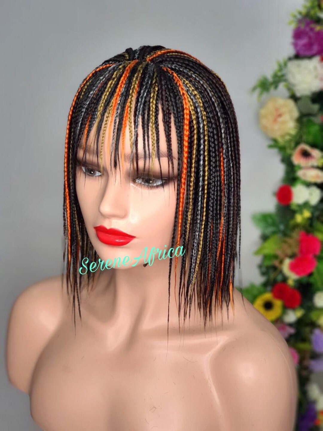 Braid Wig With Bangs, Braided Wig, Lace Closure Orange Gold Brown Gray Black Mix Short Box Braid Wigs, Wigs For Black Women,