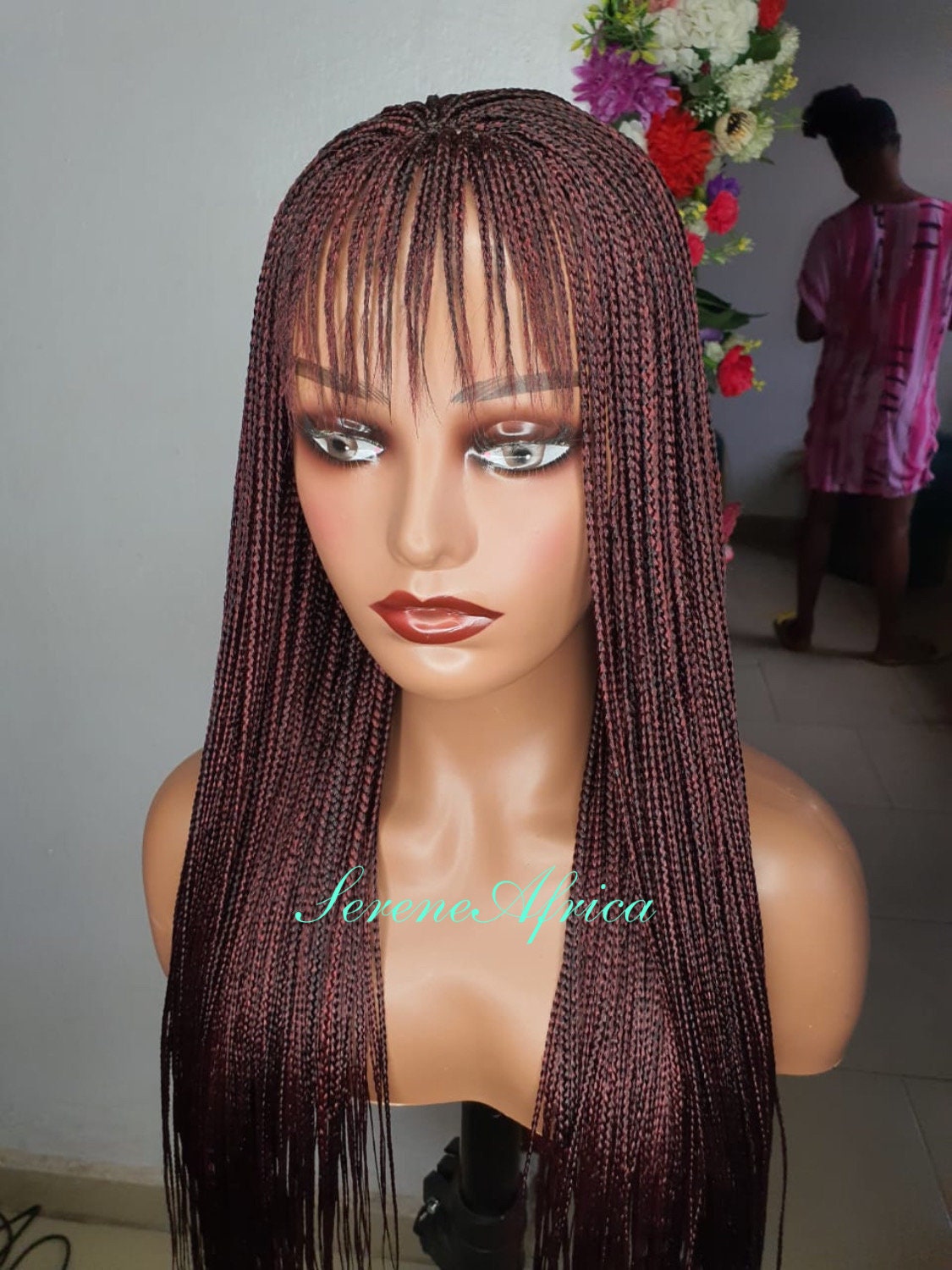 Braid Wig with Bangs, Braided Wigs, Box Braid Wig, Wigs For Black Women, Burgundy and Black Mix, Short Braid Wig