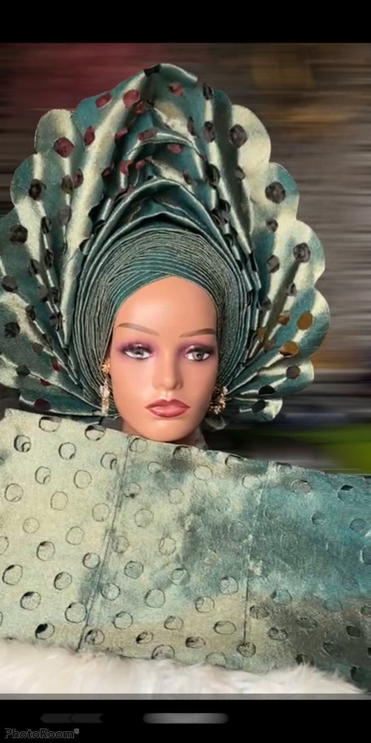 Autogele Aso-Oke | Green And Gold Mix African Headpiece