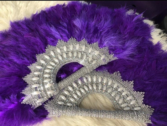 Purple Silver Clutch HandFan, Semi-Circle African Traditional Wedding Bridal Feather HandFan, African Nigerian Wedding Handfan,