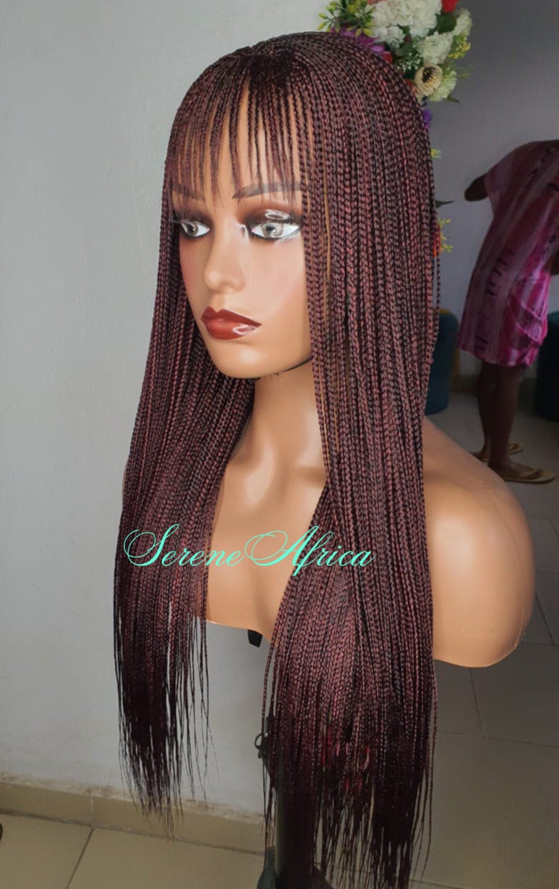Braid Wig with Bangs, Braided Wigs, Box Braid Wig, Wigs For Black Women, Burgundy and Black Mix, Short Braid Wig