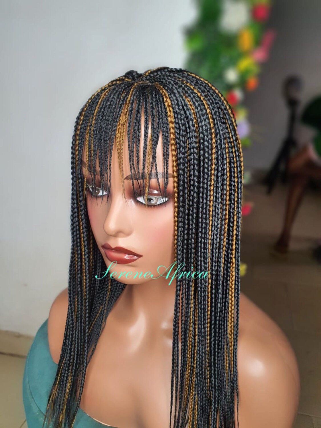 Box Braid Wigs With Bangs, Black and Gold Braid Wig, Short Braid Wigs, Wigs For Black Women