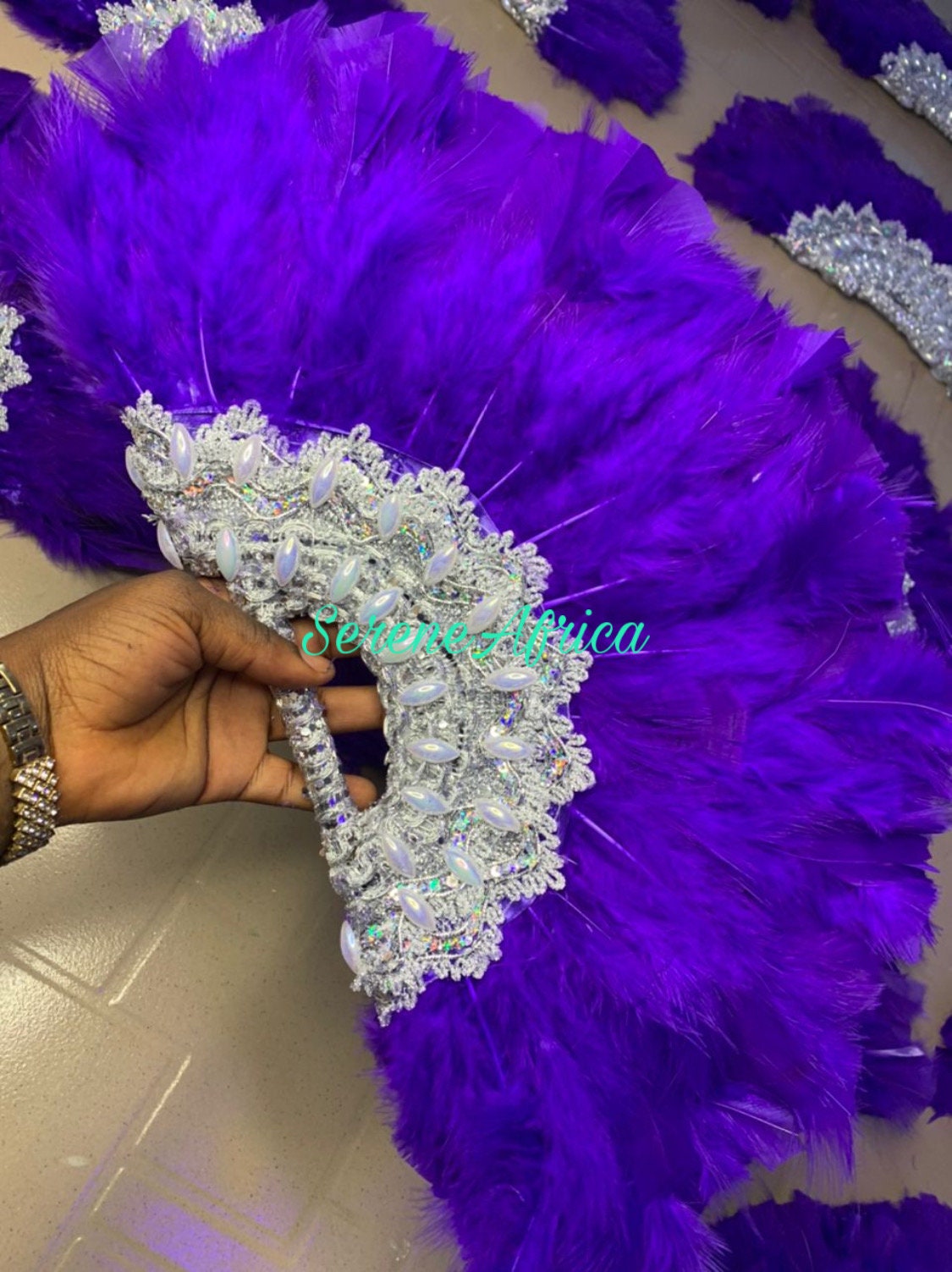 Purple Silver Clutch HandFan, Semi-Circle African Traditional Wedding Bridal Feather HandFan, African Nigerian Wedding Handfan,