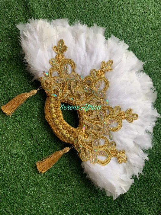 White Feather Hand Fan, Clutch Semi-Circle African Traditional Wedding Bridal Hand Fan, Nigerian Wedding Hand fan,