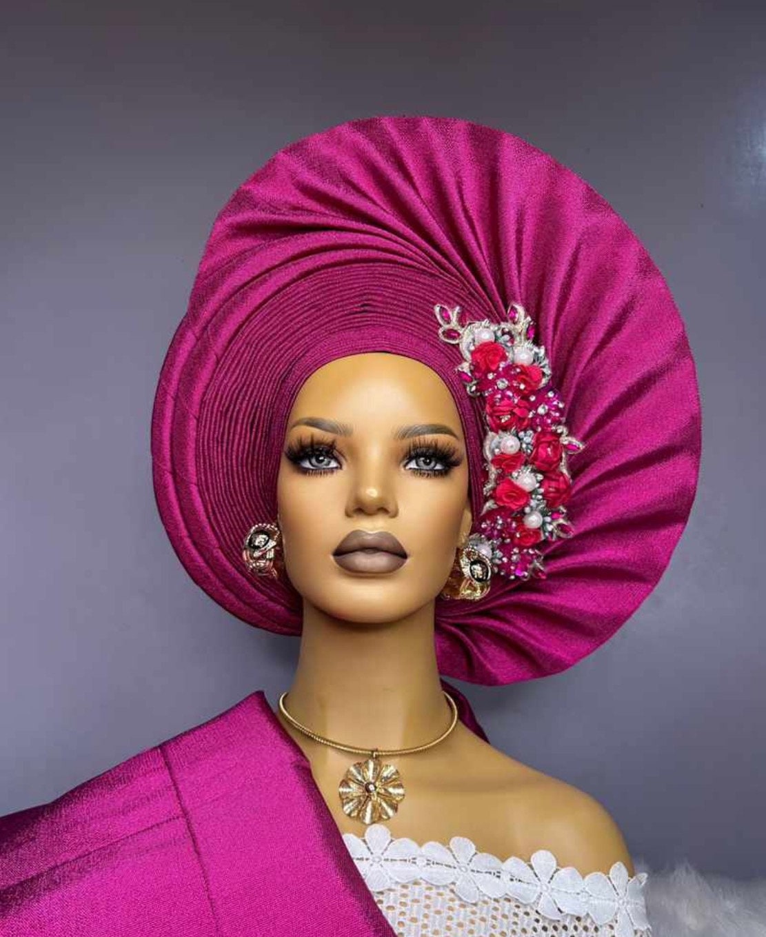 Pink Layered Asooke Auto Gele – Ready-to-Wear Bridal Headwrap (Bulk Available)