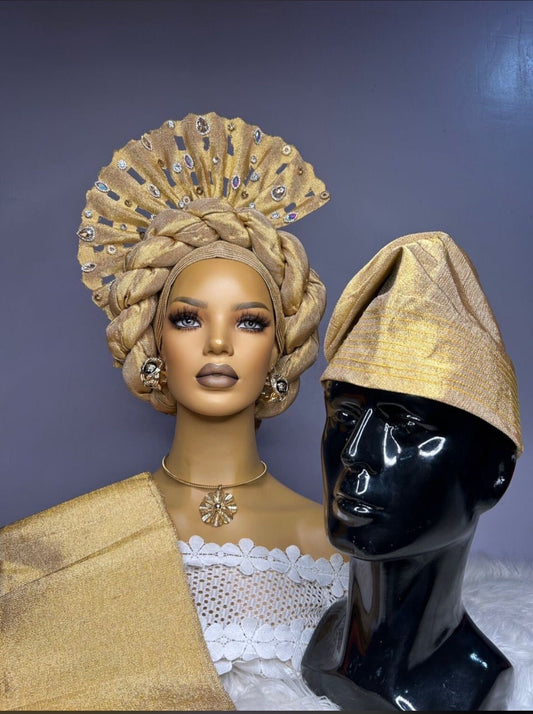 African Headwrap/ Gold Autogele Asooke/ Ready to wear Gele/ Nigerian Headgear/ Yoruba Hat/ Fila/ Headwrap For Black Women