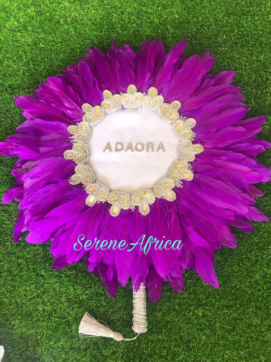 Purple Hand Fan, Personalized African Traditional Wedding Feather HandFan, African Bridal Accessory Handfan