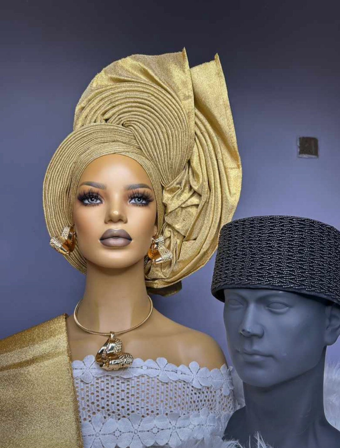 Blue Nigerian Asooke Gele Head Tie, HeadWrap.