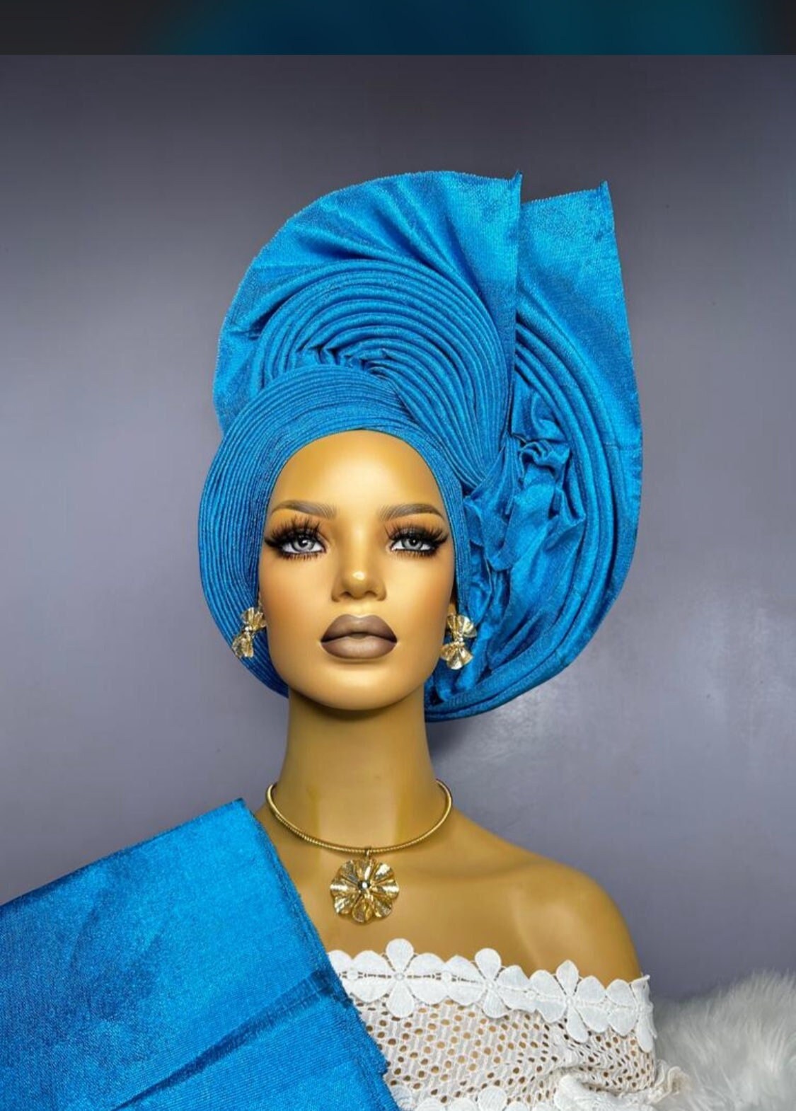 Blue Asooke Gele – Traditional Wedding Headwrap (Bulk Available)