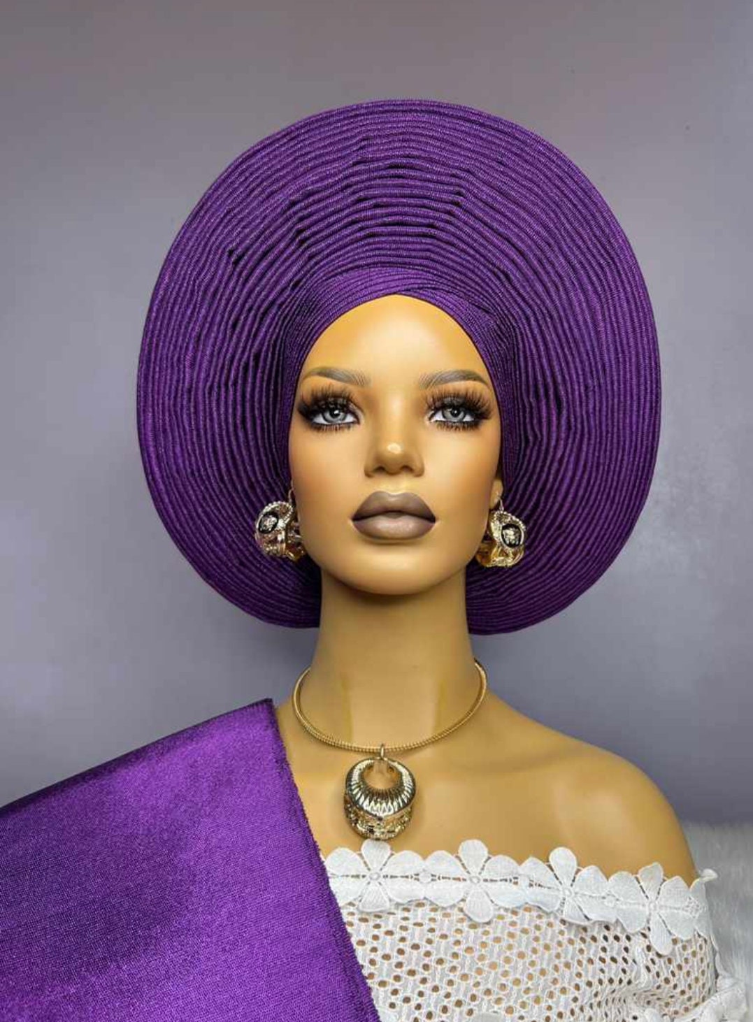 Purple Asooke Auto Gele – Ready-to-Wear Bridal Headwrap for Weddings (Bulk Available)