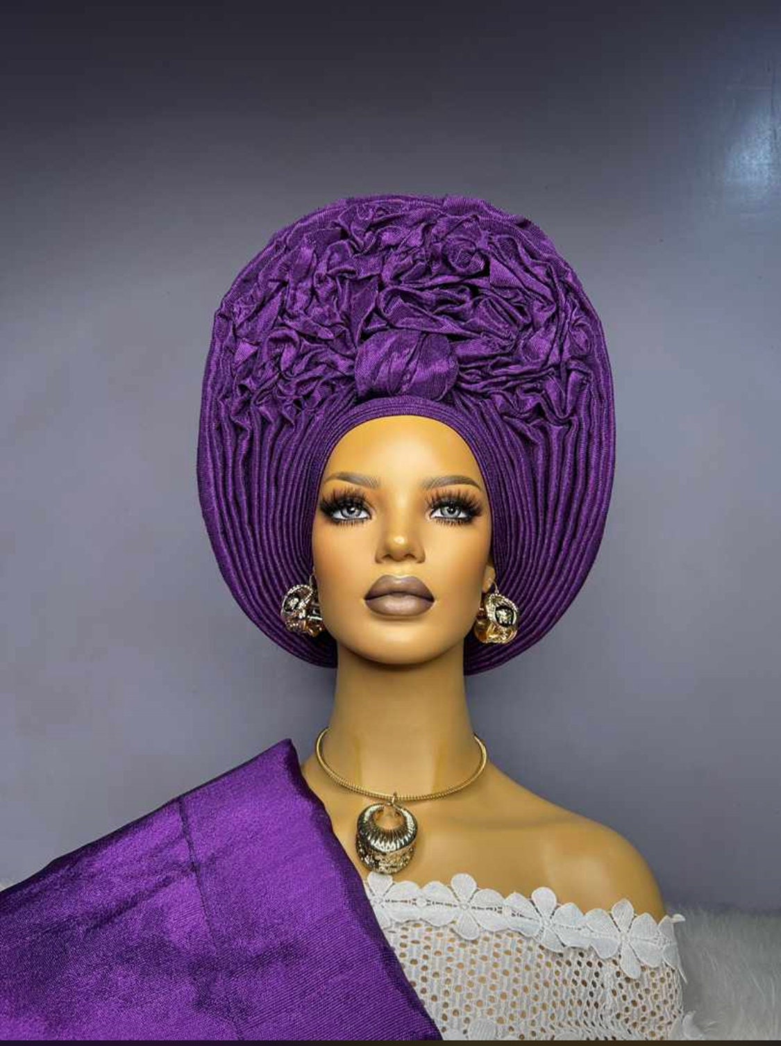 Purple Ruffled Autogele Asooke | African Headpiece