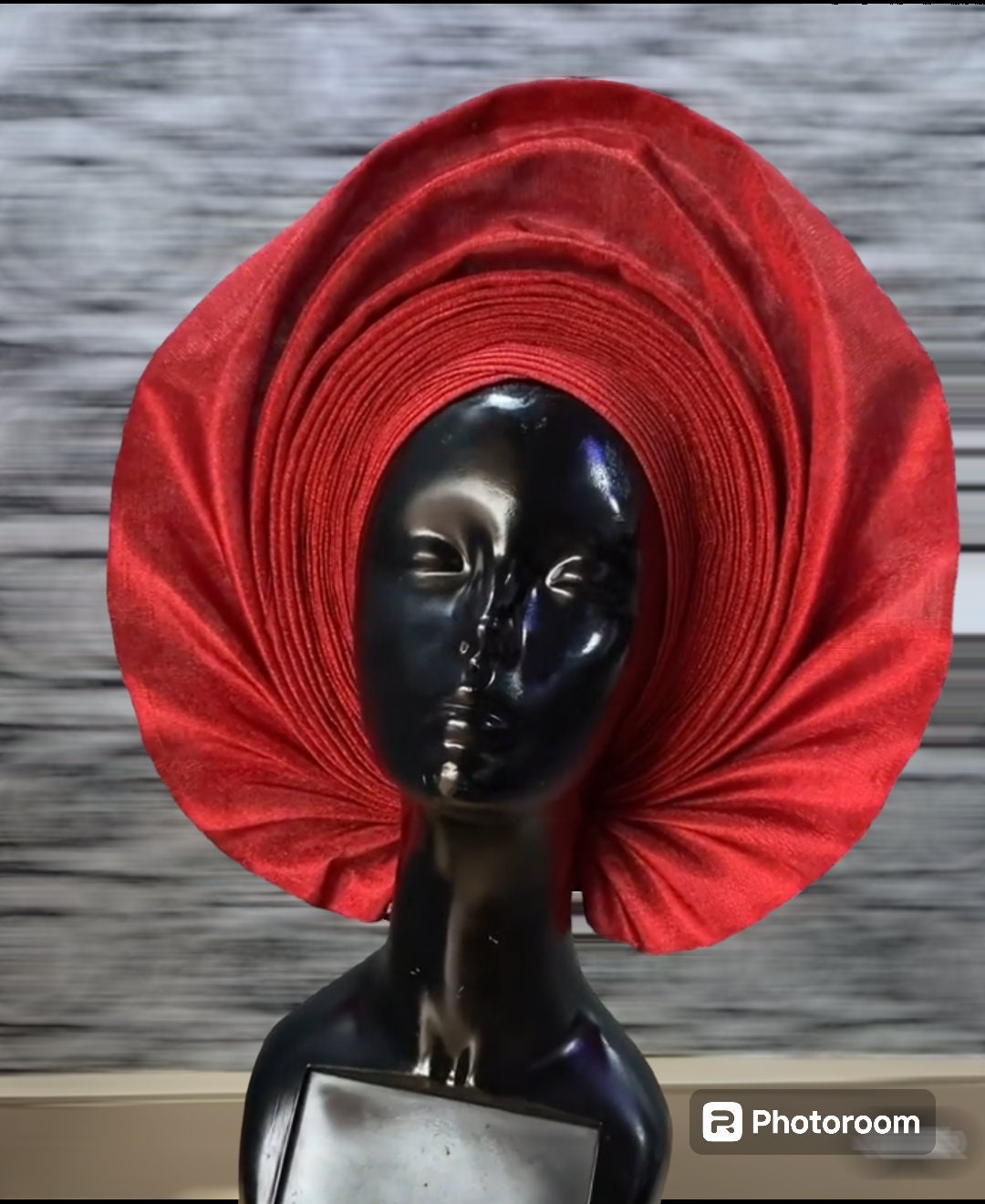 Auto Gele Aso-Oke, Pre-Tied Nigerian Headwrap, Wine and Red Head Wrap Headgear Headtie, African Head Wrap For Women, Ready To Wear Gele