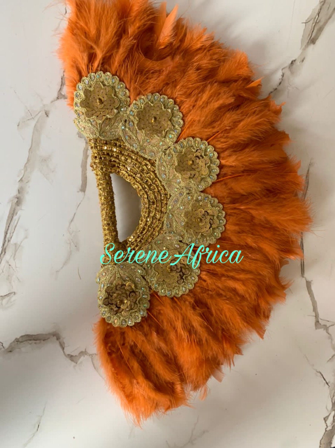 Orange Gold Feather Hand Fan, Clutch Semi-Circle African Traditional Wedding Bridal Hand Fan, Nigerian Wedding Hand fan, Bridesmaids Handfan