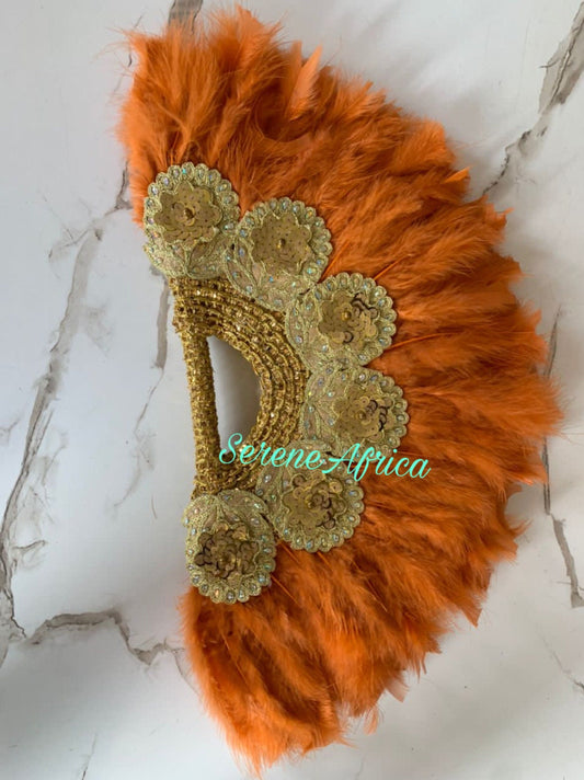 Orange Gold Feather Hand Fan, Clutch Semi-Circle African Traditional Wedding Bridal Hand Fan, Nigerian Wedding Hand fan, Bridesmaids Handfan