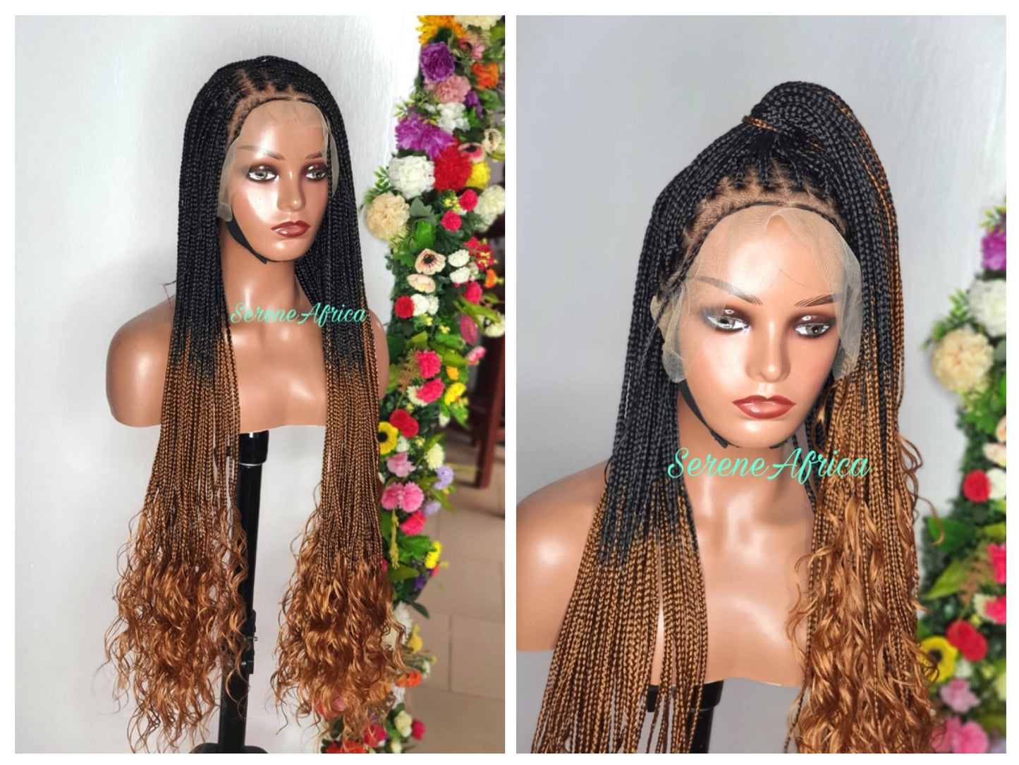 Knotless Box Braid Wig With Curls: Black and Brown Ombre