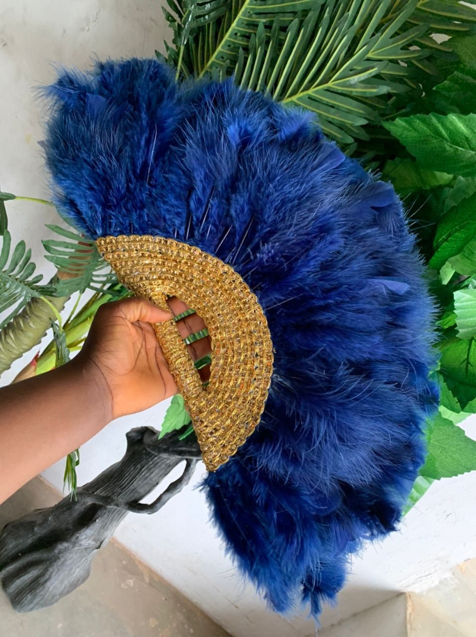 Clutch Semi-Circle Hand Fan, African Traditional Wedding Bridal Feather Hand Fan, Nigerian Wedding Hand fan, Wine And Gold