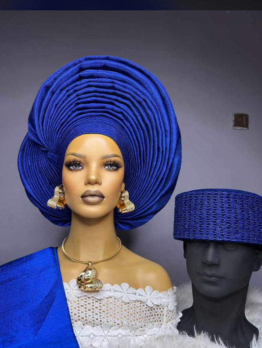 African HeadWrap, Autogele Asooke, Blue Nigerian Ready-To-Wear Asooke Gele Head-Tie, HeadWrap For Black Women, Nigerian Headgear