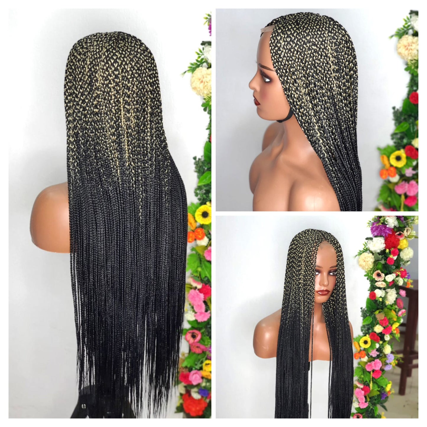 Braided Wig, Closure Long Gold And Black Mix Box Braid Wig, Wigs For Black Women