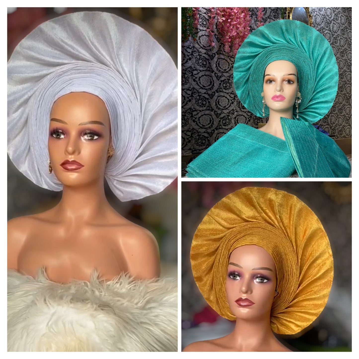 Gold Autogele Head Wrap, African Nigerian Yoruba Wedding Aso-Oke Gele Head-Tie Headpiece Headscarf Headwear Headwrap For Black Women