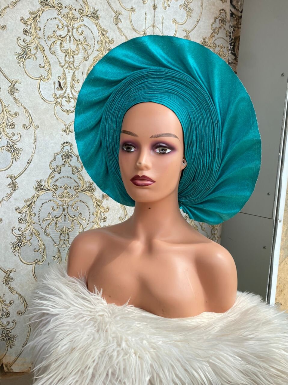 Gold Autogele Head Wrap, African Nigerian Yoruba Wedding Aso-Oke Gele Head-Tie Headpiece Headscarf Headwear Headwrap For Black Women