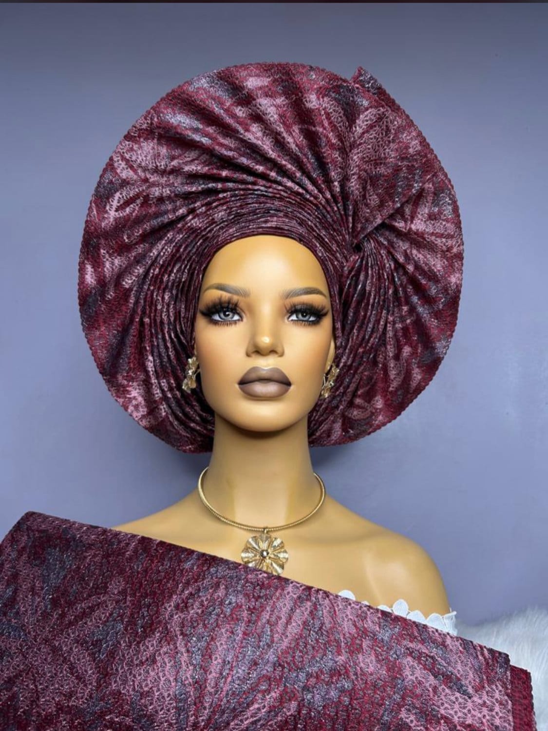 Burgundi Ready-Made Gele | Authentic Nigerian Aso Oke Design.