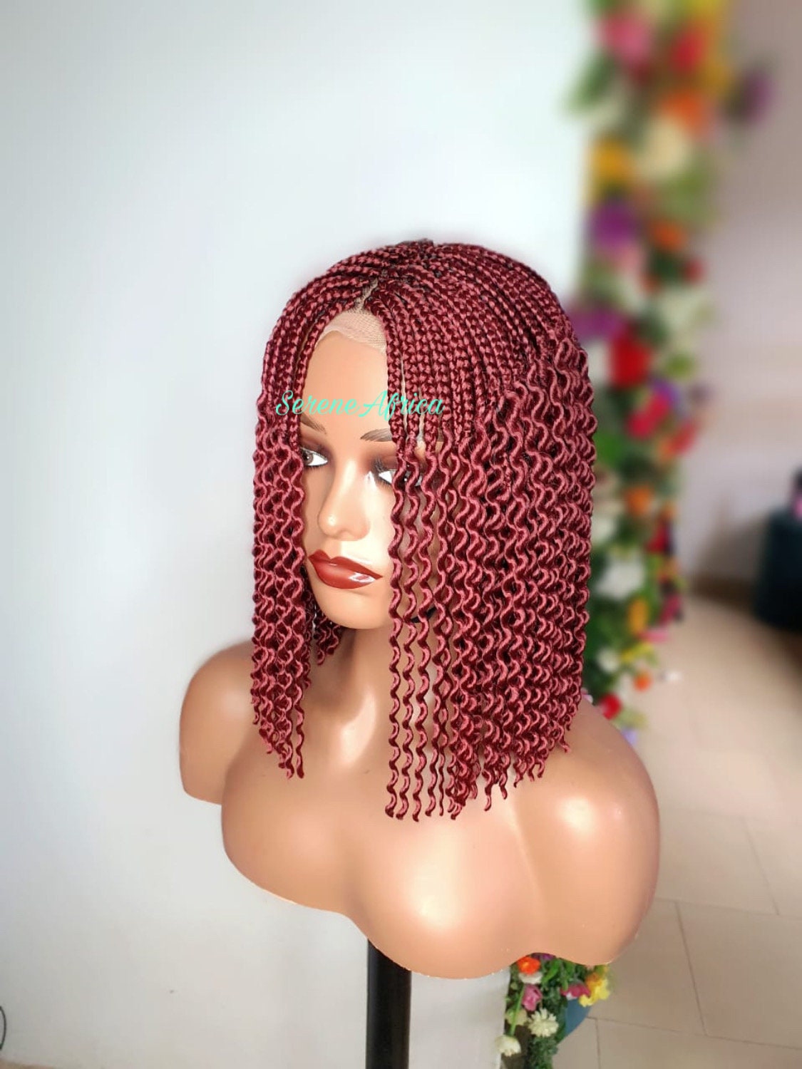 Dark Brown Braided Wigs With Curls, Wigs For Black Women, Short Box Braid Watermelon Blunt Cut
