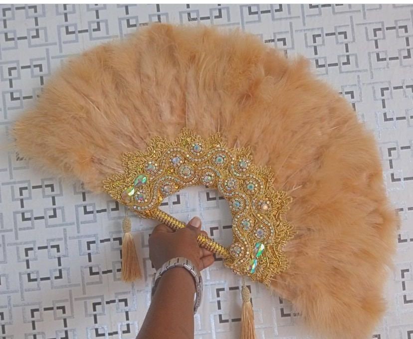 Gold Feather HandFan, Clutch Semi-Circle African Traditional Wedding Bridal Hand Fan, Nigerian Wedding Hand fan, Bridesmaids Handfan