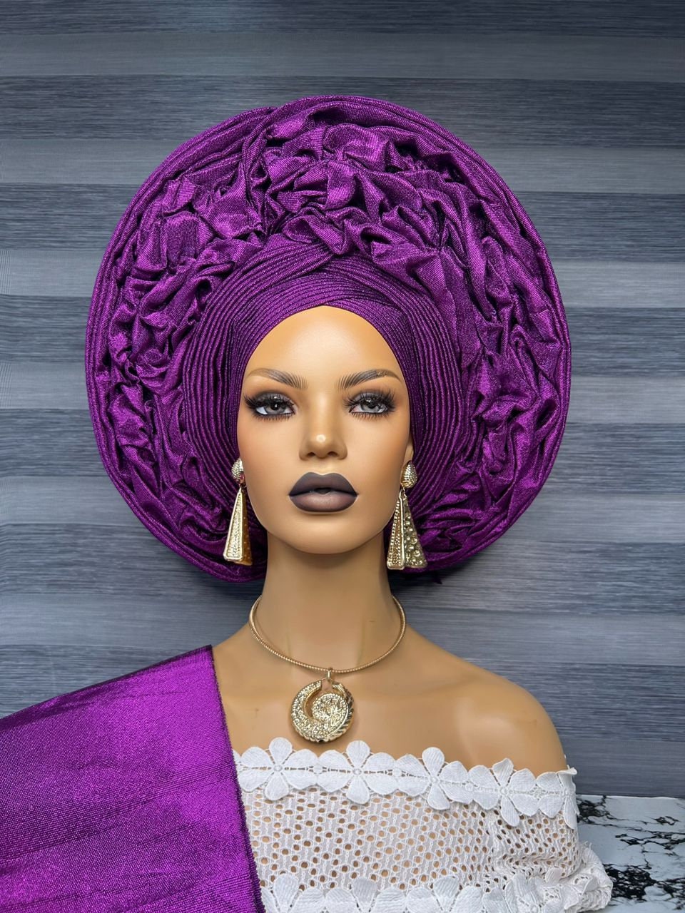 Asooke auto gele with sash ready to wear nigerian bridal headwrap on mannequins