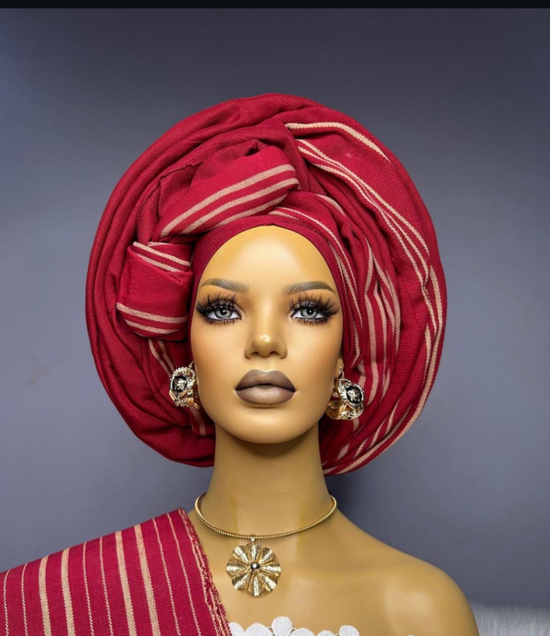 Red Aso Oke Auto Gele Headwrap.