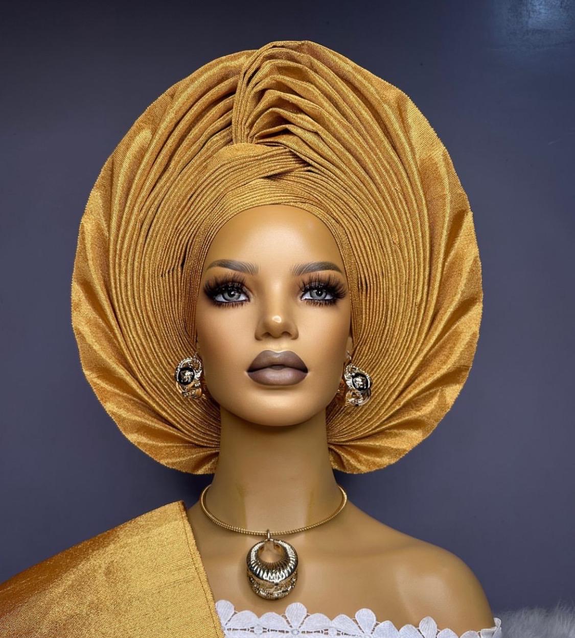 Gold Asooke Auto Gele – Pre-Styled Ready-to-Wear Bridal Headwrap (Bulk Available)