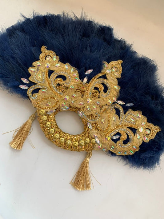 Navy Blue Feather Hand Fan, Clutch Semi-Circle African Traditional Wedding Bridal Hand Fan, Nigerian Wedding Hand fan, Navy blue And Gold