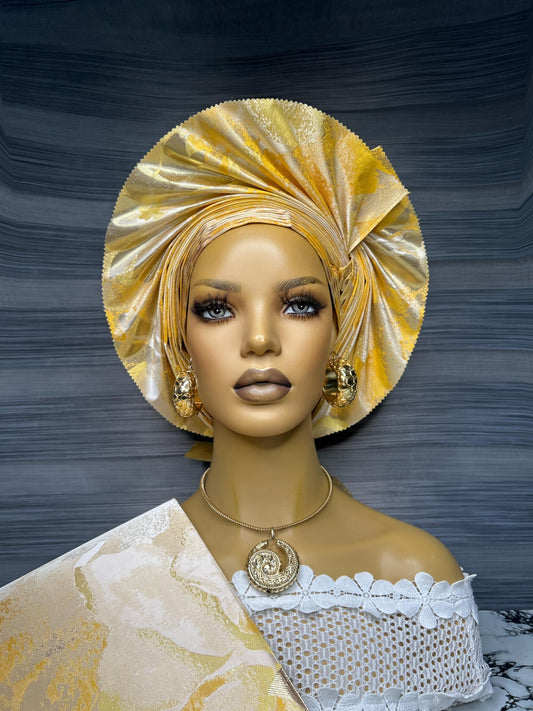 Front view of Gold sego auto gele pre tied ready to wear nigerian bridal headwrap for traditional wedding