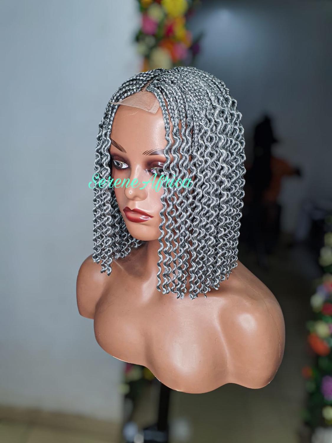 Front view black and gray box braid wig with curls on mannequin head soft braided wig