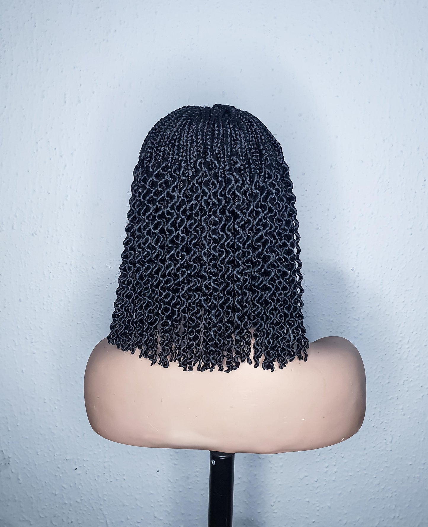 Back view Short black box braid wig 12 inches on mannequin head natural braided wig